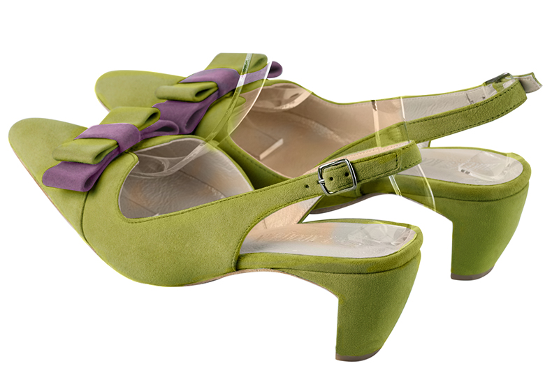 Pistachio green women's open back shoes, with a knot. Tapered toe. Medium comma heels. Rear view - Florence KOOIJMAN